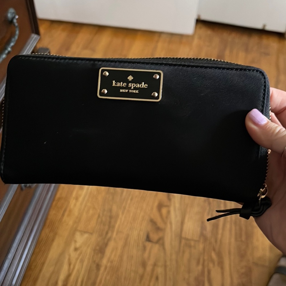 kate spade Black Zip Around Wallet with Gold Plaque